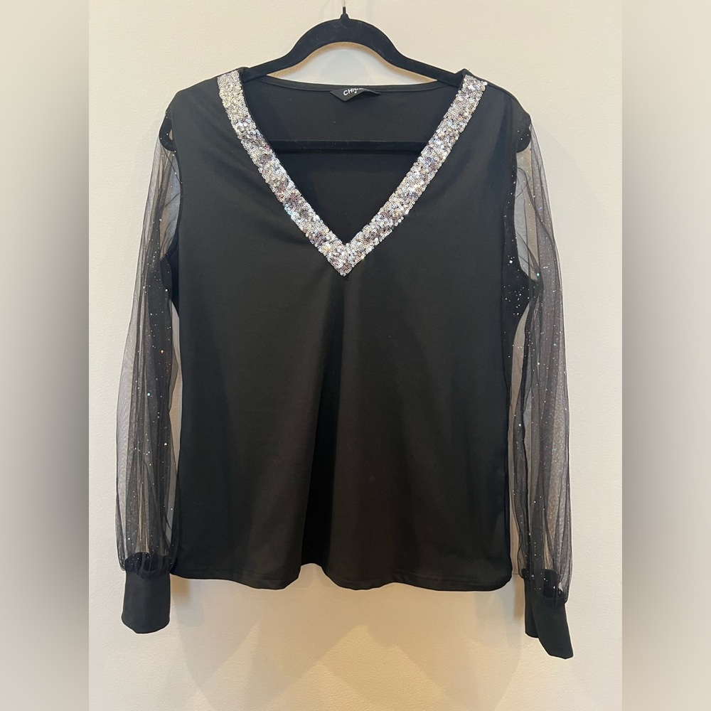 Chic Me long sleeve sheer blouse top women’s M sequins holiday business casual